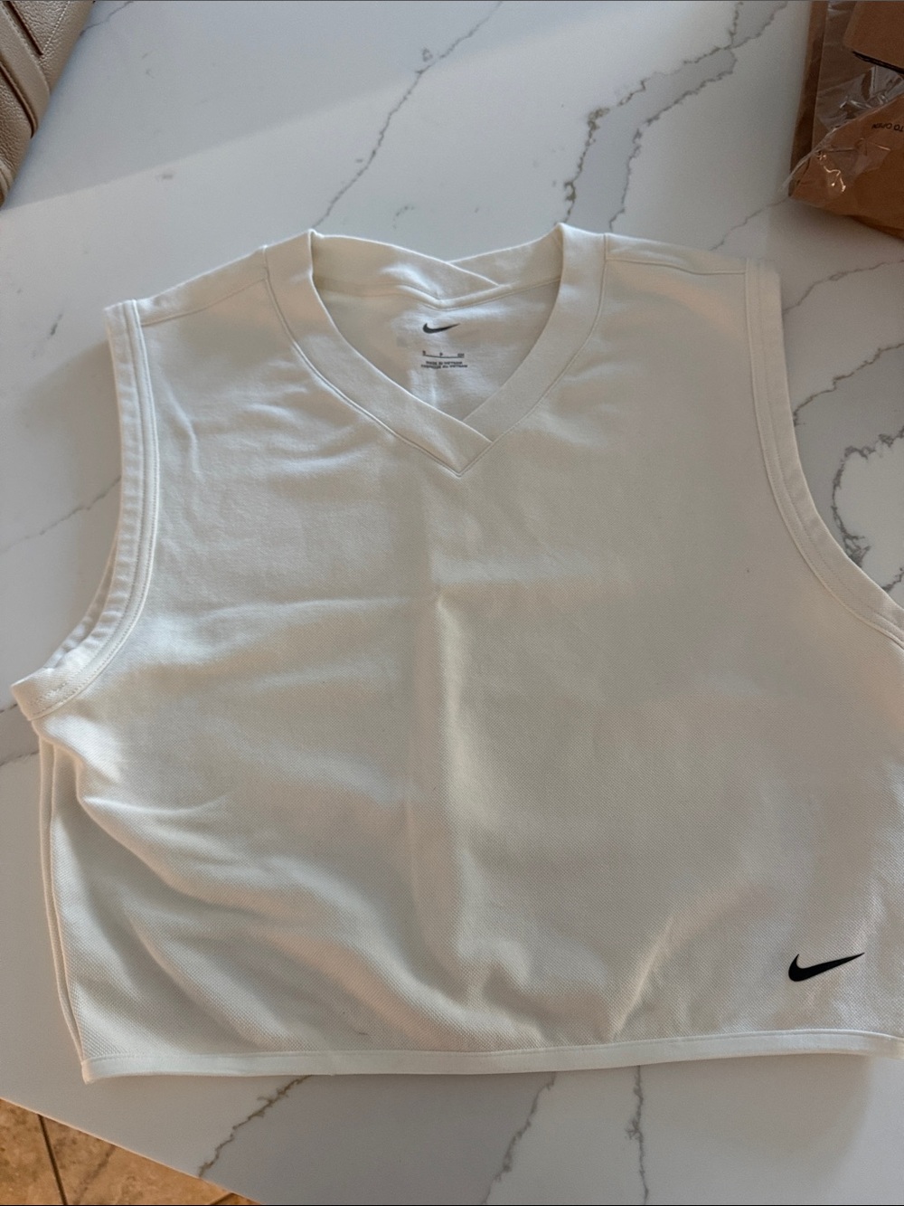 Nike White V-Neck Cropped Tank with Black Swoosh